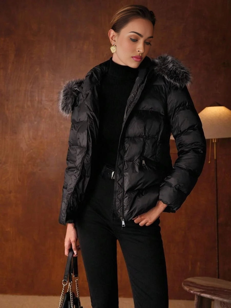 PREMIUM WOMENS ZIP UP HOODED COTTON PADDED COAT WITH FUR COLLAR AUTUMNWINTER