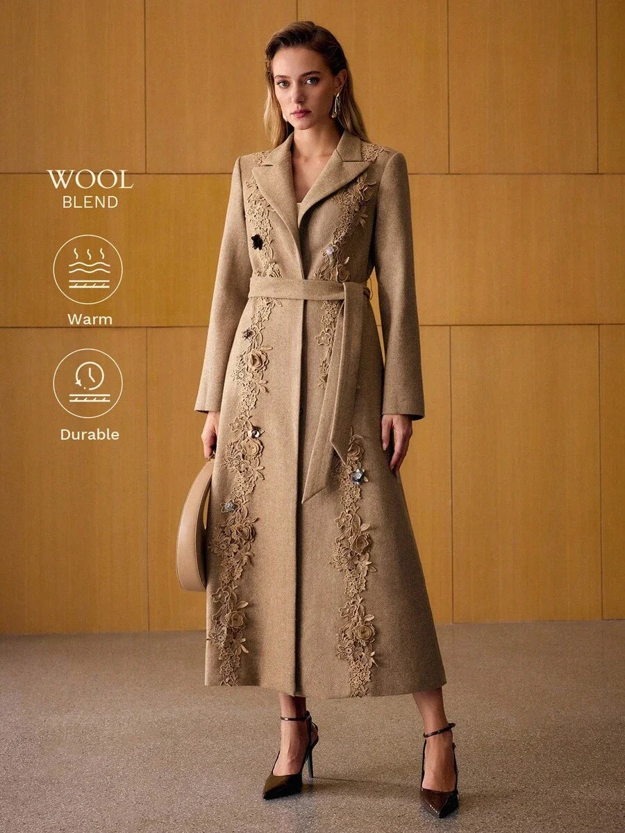 PREMIUM WOOL APPLIQUES BELTED OVERCOAT