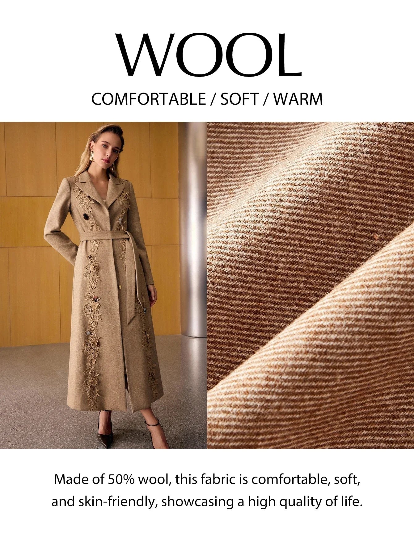 PREMIUM WOOL APPLIQUES BELTED OVERCOAT