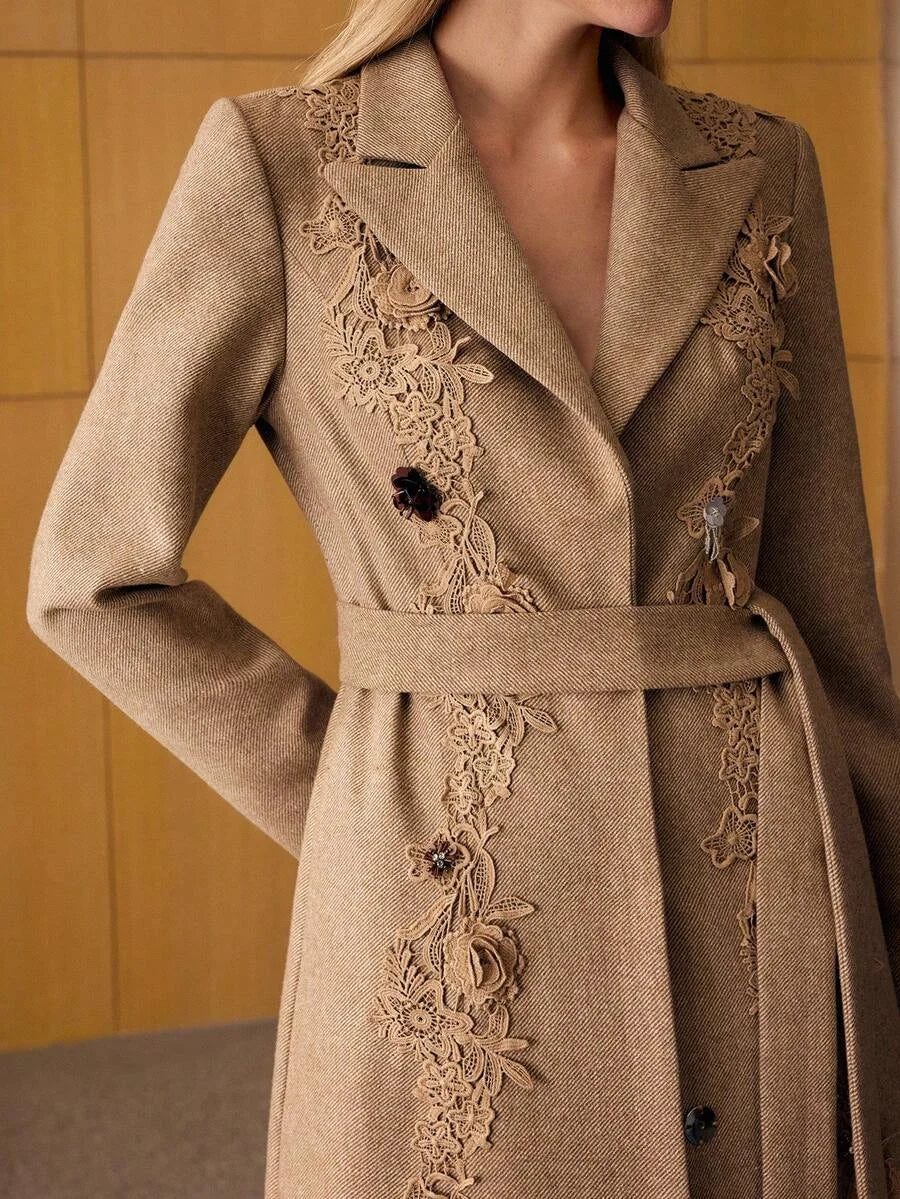 PREMIUM WOOL APPLIQUES BELTED OVERCOAT