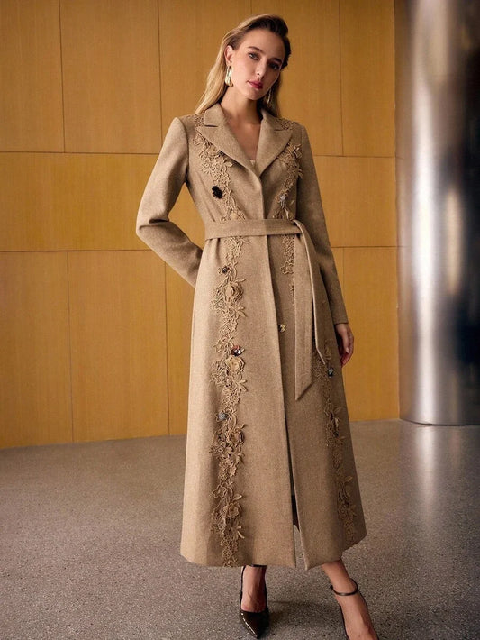 PREMIUM WOOL APPLIQUES BELTED OVERCOAT