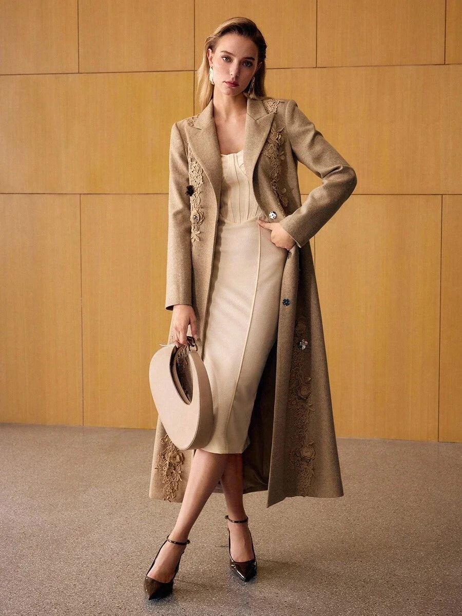 PREMIUM WOOL APPLIQUES BELTED OVERCOAT