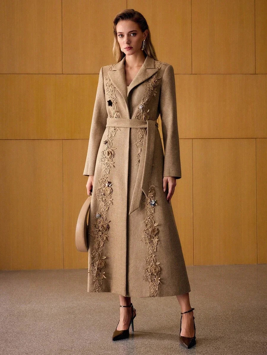 PREMIUM WOOL APPLIQUES BELTED OVERCOAT