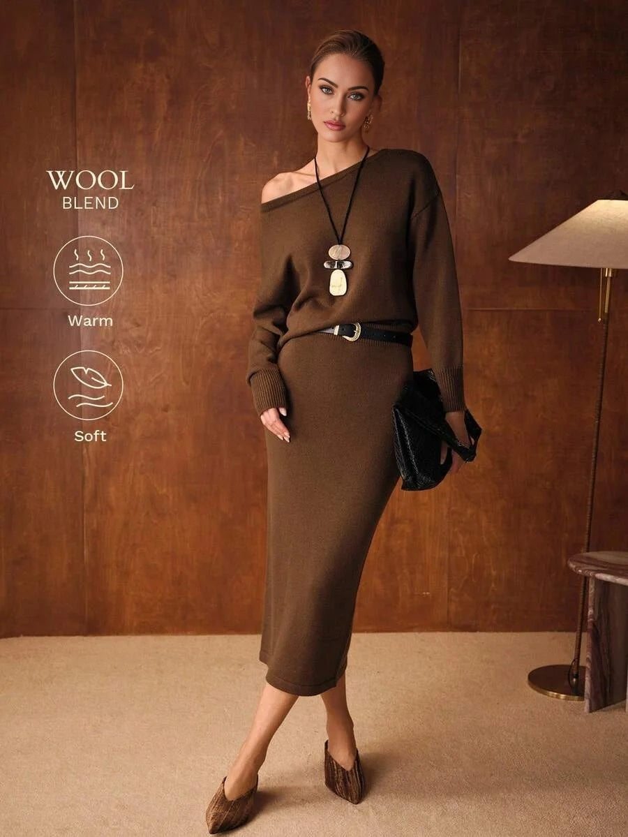 PREMIUM WOOL ASYMMETRICAL NECK TOP amp SKIRT SWEATER COORD