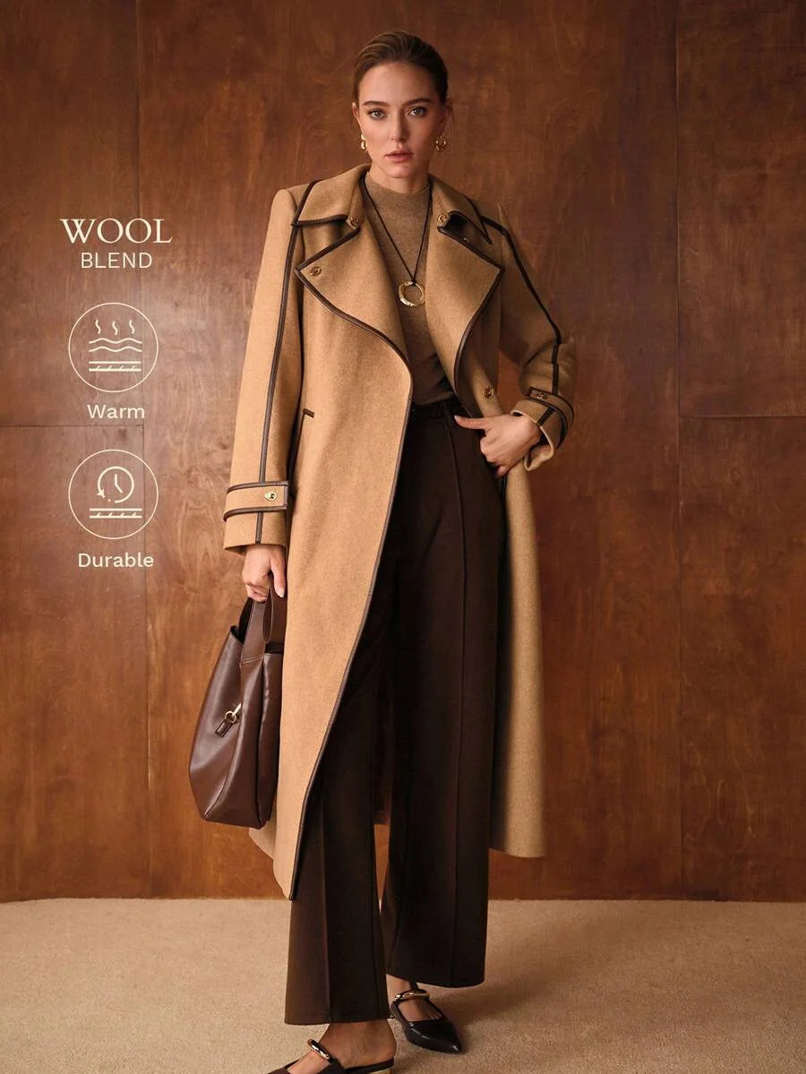 PREMIUM WOOL AUTUMNWINTER VINTAGESTYLE ELEGANT COMMUTER CONTRAST TRIM BLEND BELTED COAT