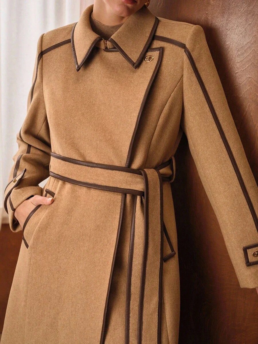 PREMIUM WOOL AUTUMNWINTER VINTAGESTYLE ELEGANT COMMUTER CONTRAST TRIM BLEND BELTED COAT