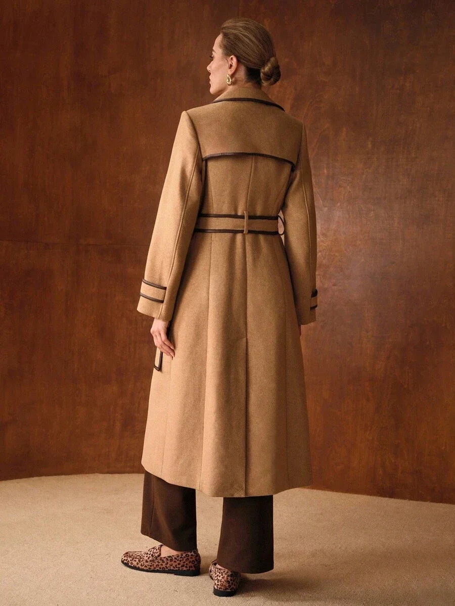 PREMIUM WOOL AUTUMNWINTER VINTAGESTYLE ELEGANT COMMUTER CONTRAST TRIM BLEND BELTED COAT