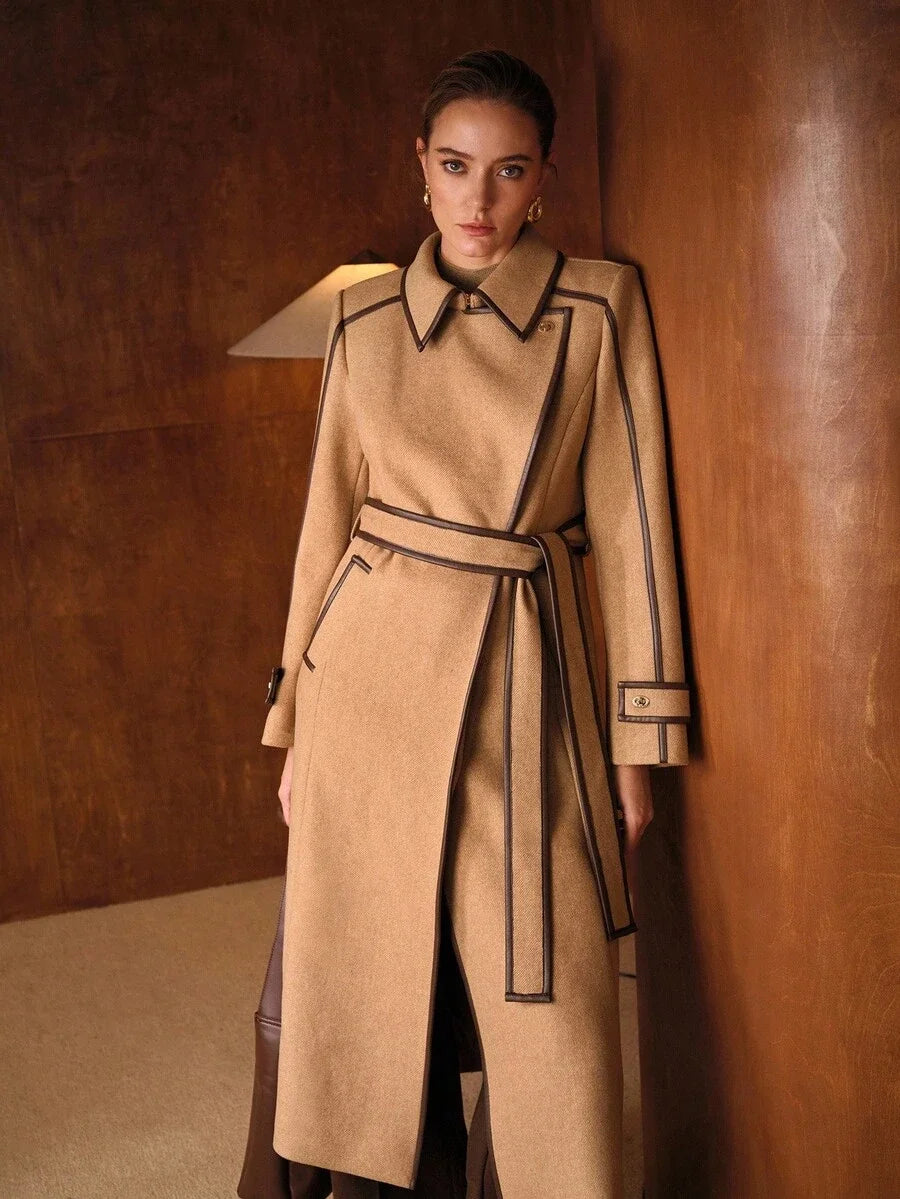 PREMIUM WOOL AUTUMNWINTER VINTAGESTYLE ELEGANT COMMUTER CONTRAST TRIM BLEND BELTED COAT