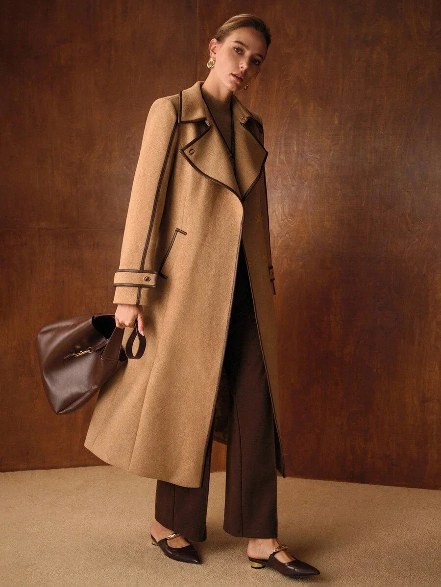 PREMIUM WOOL AUTUMNWINTER VINTAGESTYLE ELEGANT COMMUTER CONTRAST TRIM BLEND BELTED COAT
