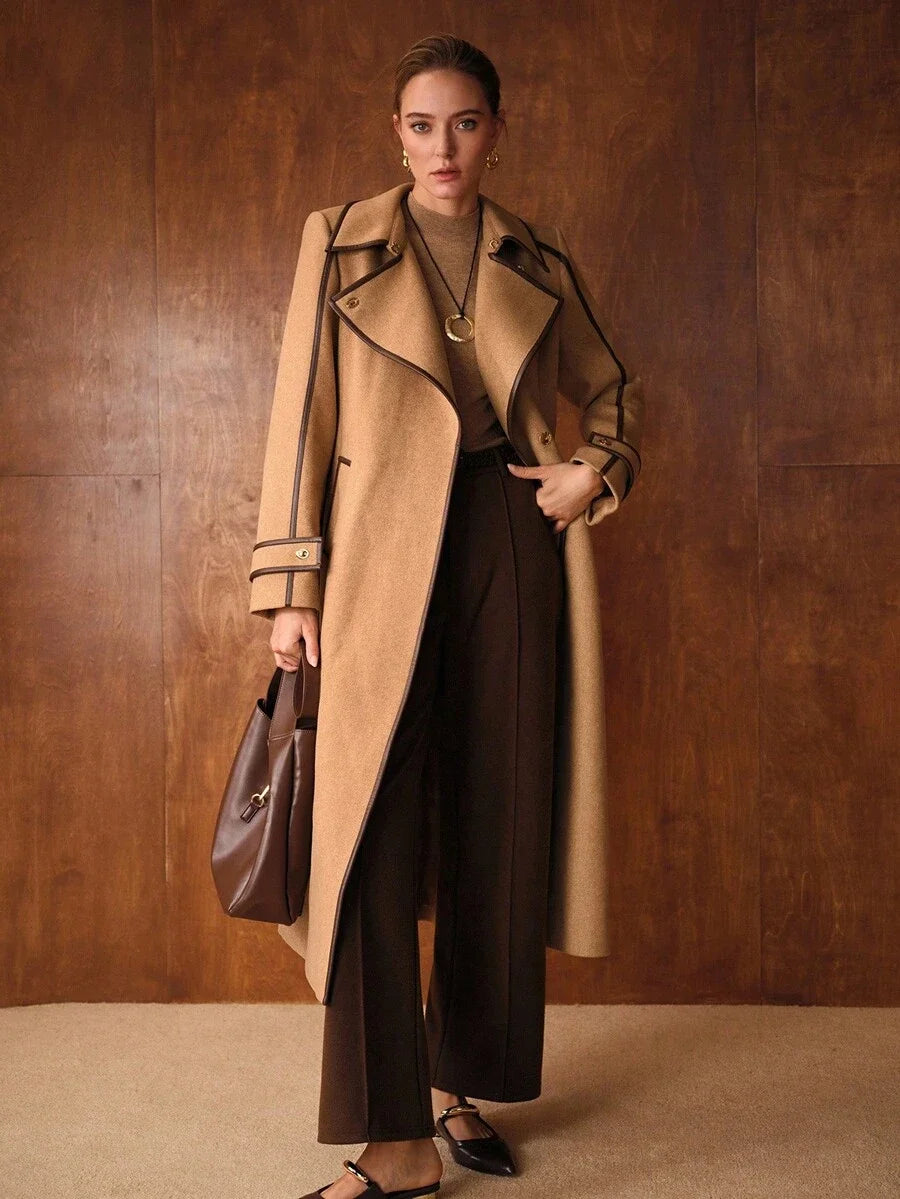 PREMIUM WOOL AUTUMNWINTER VINTAGESTYLE ELEGANT COMMUTER CONTRAST TRIM BLEND BELTED COAT