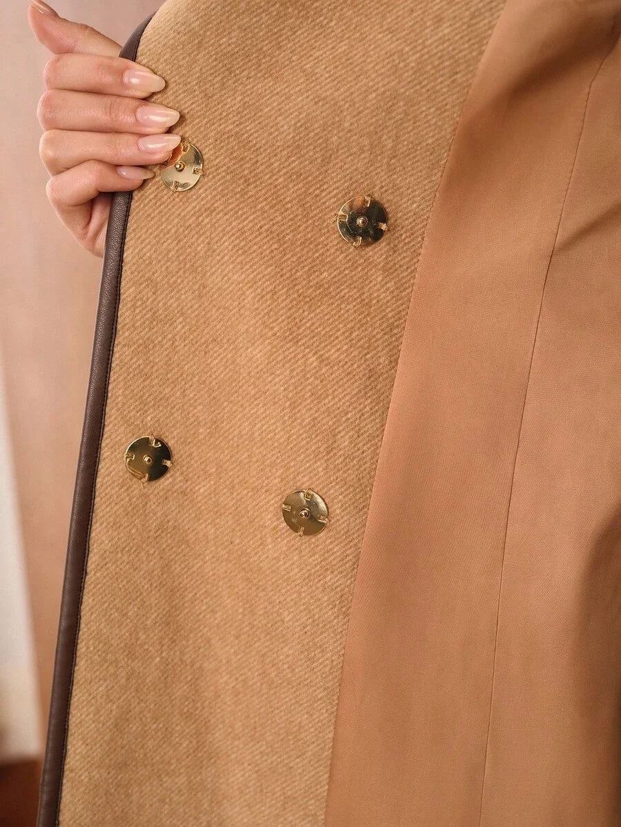 PREMIUM WOOL AUTUMNWINTER VINTAGESTYLE ELEGANT COMMUTER CONTRAST TRIM BLEND BELTED COAT