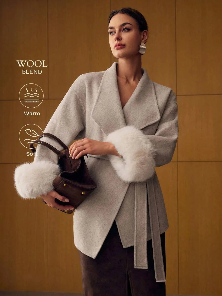 PREMIUM WOOL BELTED CONTRAST FAUX FUR OVERCOAT