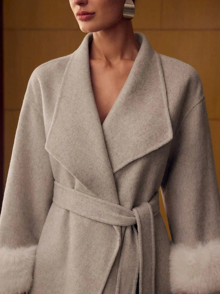 PREMIUM WOOL BELTED CONTRAST FAUX FUR OVERCOAT