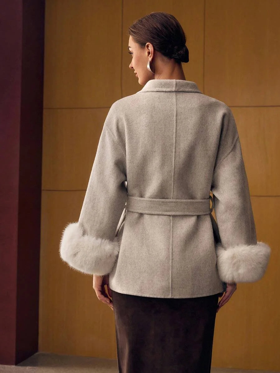 PREMIUM WOOL BELTED CONTRAST FAUX FUR OVERCOAT