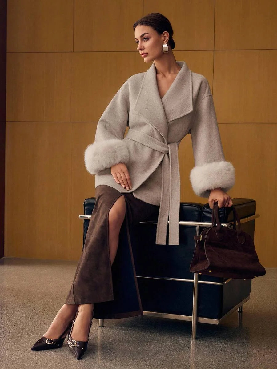 PREMIUM WOOL BELTED CONTRAST FAUX FUR OVERCOAT