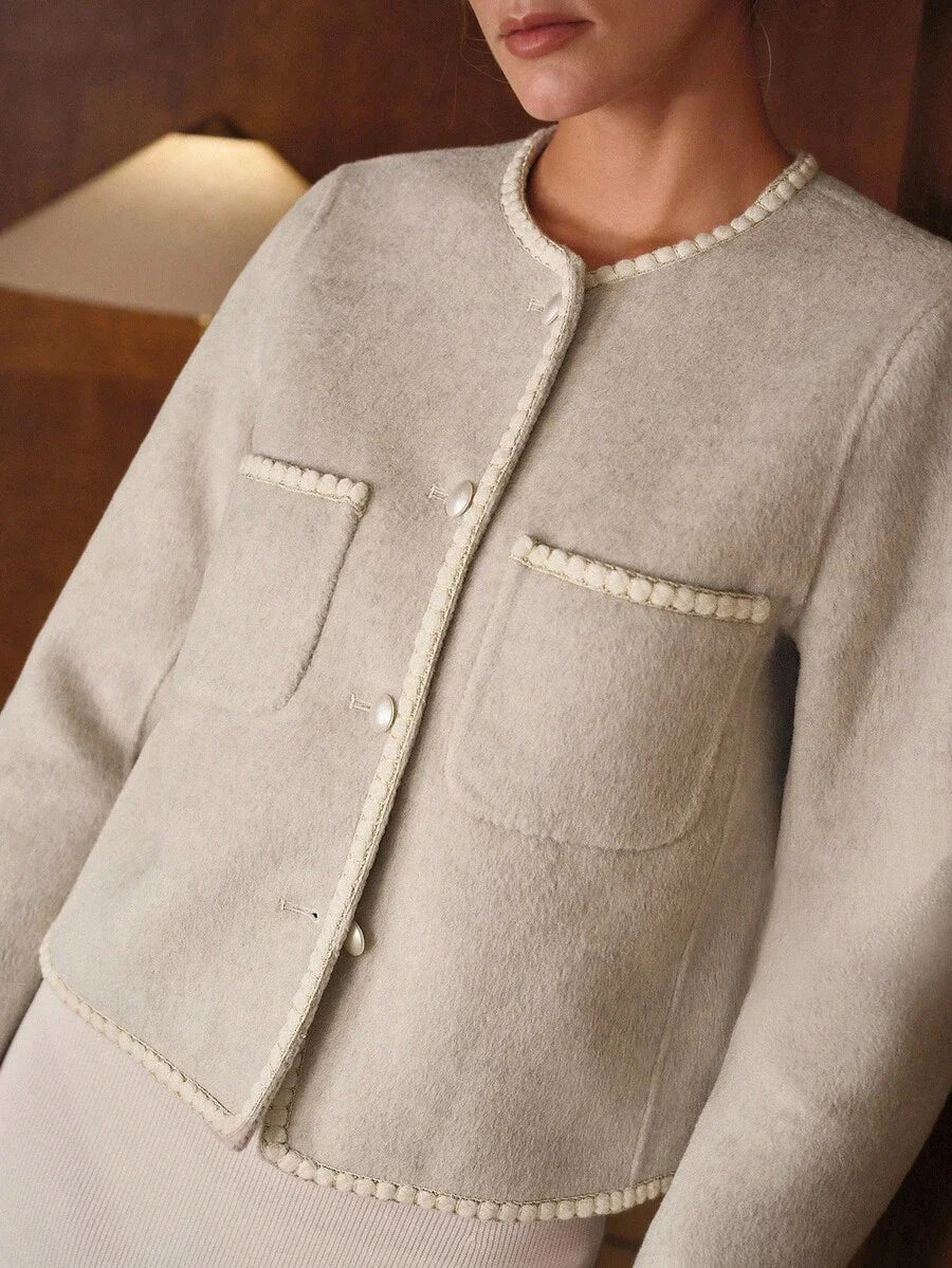 PREMIUM WOOL CONTRAST TAPE TRIM PATCH POCKET OVERCOAT