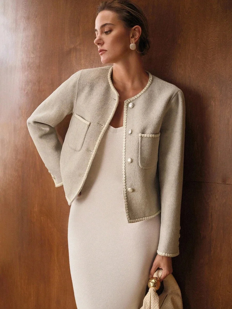 PREMIUM WOOL CONTRAST TAPE TRIM PATCH POCKET OVERCOAT