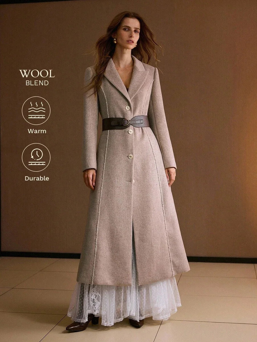 PREMIUM WOOL ELEGANT COMMUTER ROMANTIC CINCHED WAIST HERRINGBONE BLEND COAT AUTUMNWINTER
