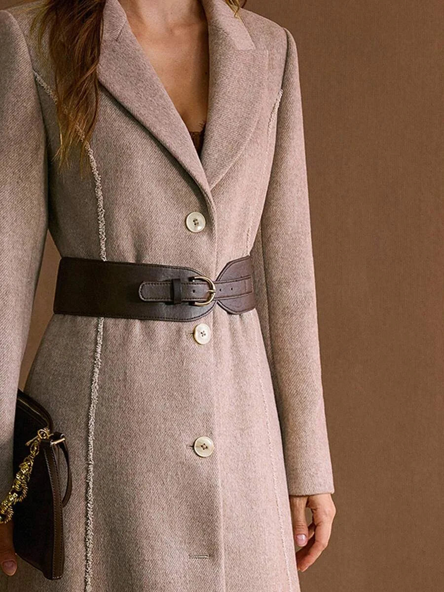 PREMIUM WOOL ELEGANT COMMUTER ROMANTIC CINCHED WAIST HERRINGBONE BLEND COAT AUTUMNWINTER