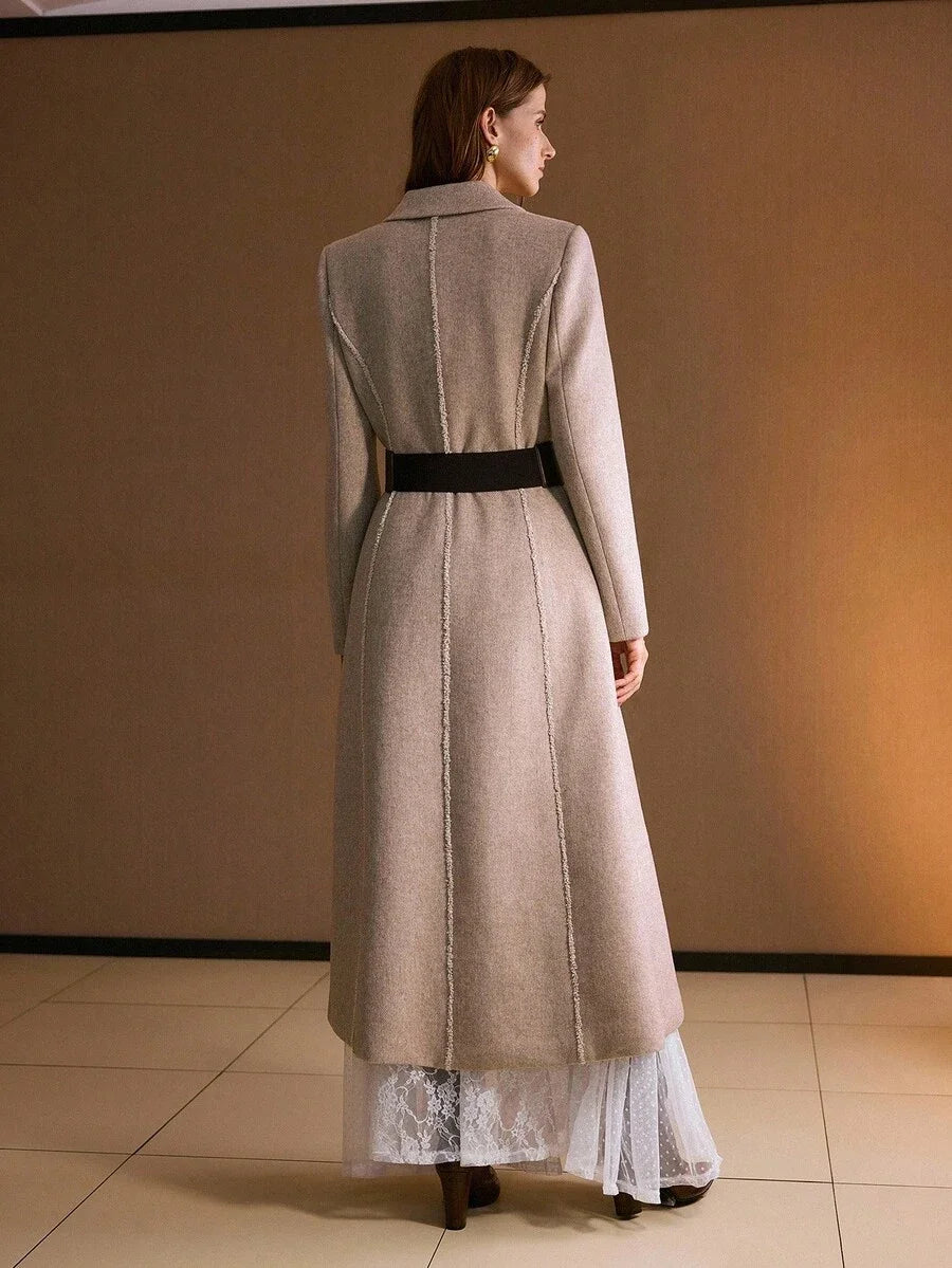 PREMIUM WOOL ELEGANT COMMUTER ROMANTIC CINCHED WAIST HERRINGBONE BLEND COAT AUTUMNWINTER