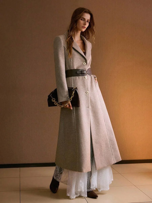 PREMIUM WOOL ELEGANT COMMUTER ROMANTIC CINCHED WAIST HERRINGBONE BLEND COAT AUTUMNWINTER