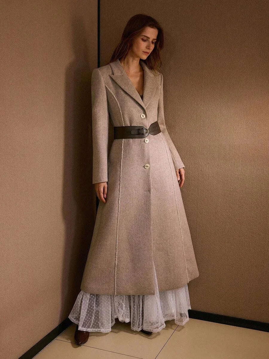 PREMIUM WOOL ELEGANT COMMUTER ROMANTIC CINCHED WAIST HERRINGBONE BLEND COAT AUTUMNWINTER