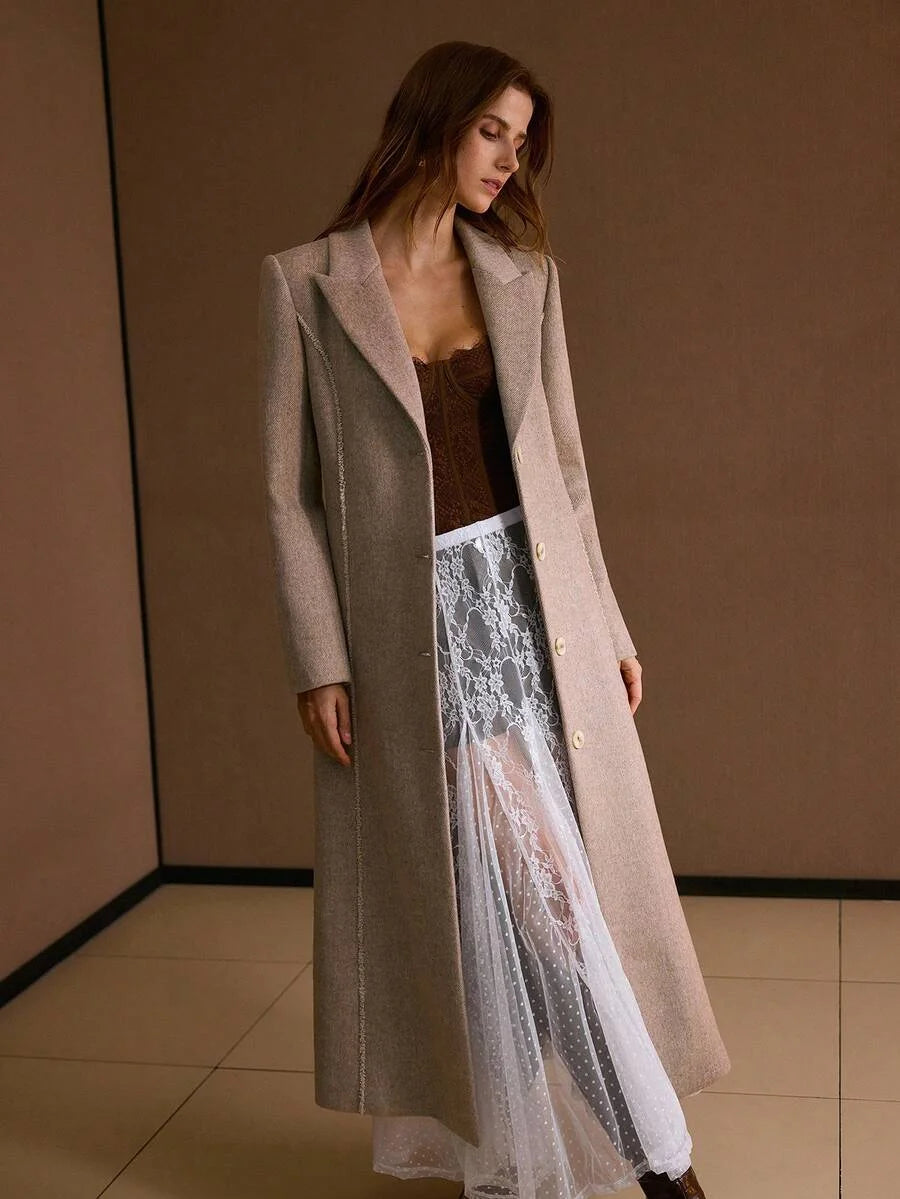 PREMIUM WOOL ELEGANT COMMUTER ROMANTIC CINCHED WAIST HERRINGBONE BLEND COAT AUTUMNWINTER