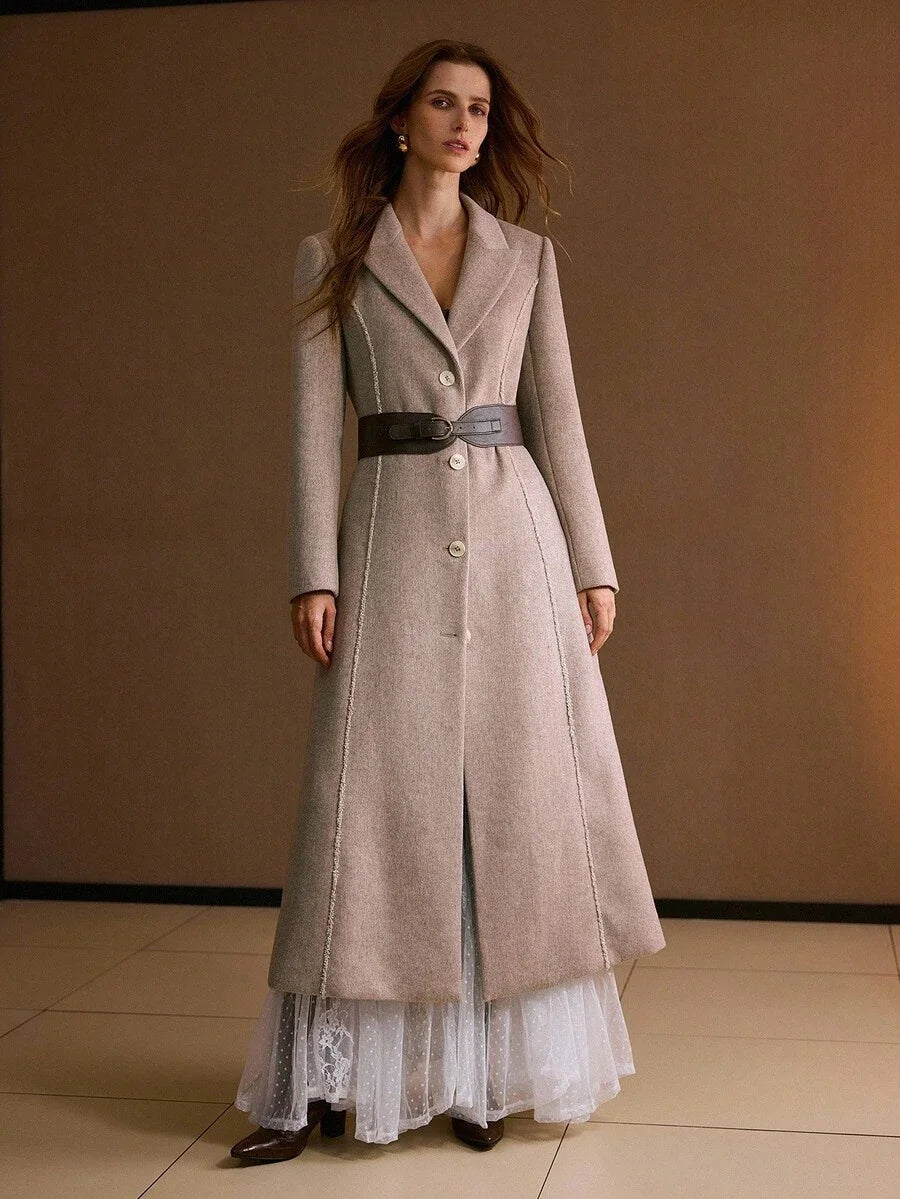 PREMIUM WOOL ELEGANT COMMUTER ROMANTIC CINCHED WAIST HERRINGBONE BLEND COAT AUTUMNWINTER