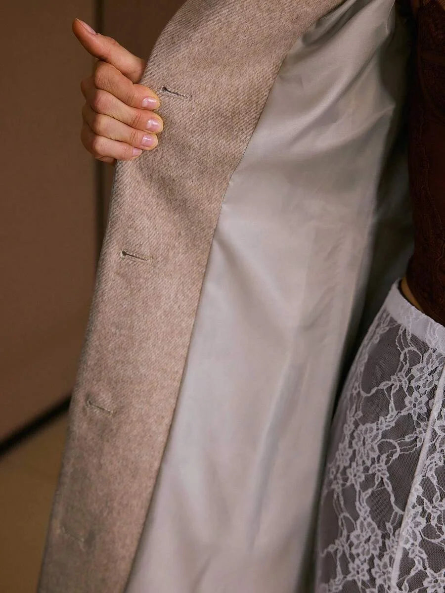 PREMIUM WOOL ELEGANT COMMUTER ROMANTIC CINCHED WAIST HERRINGBONE BLEND COAT AUTUMNWINTER