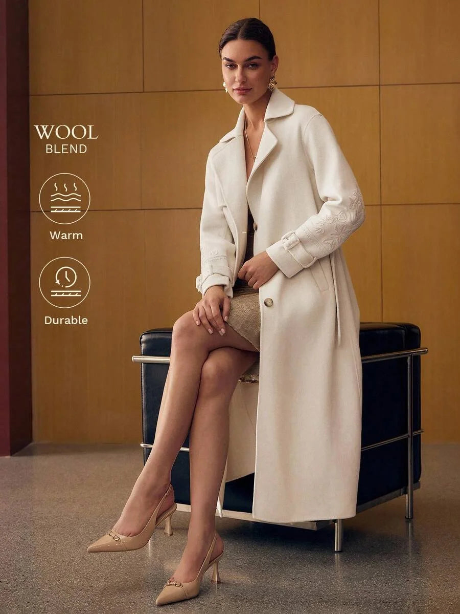 PREMIUM WOOL EMBROIDERY LAPEL COLLAR BUCKLE BELTED OVERCOAT