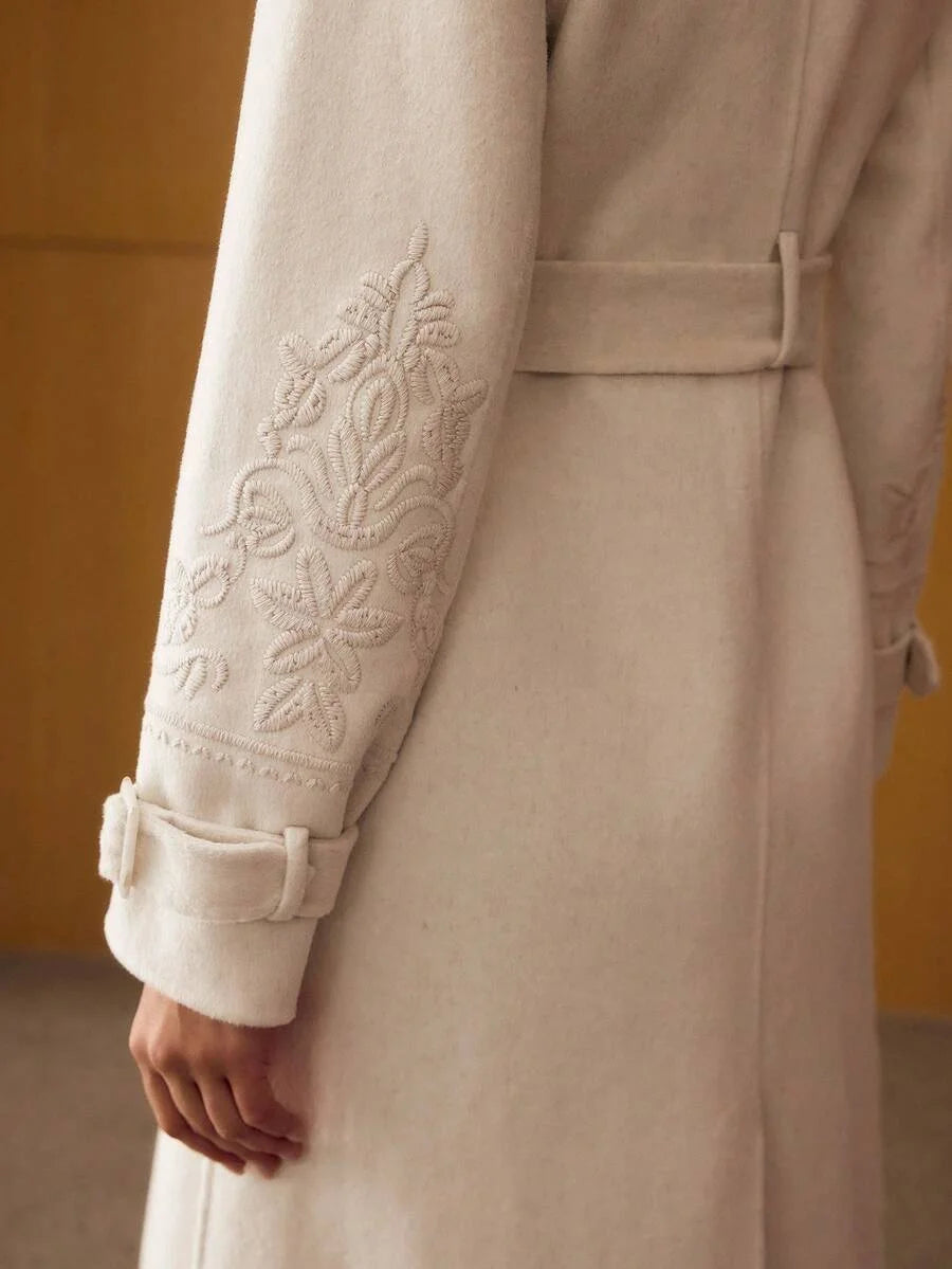 PREMIUM WOOL EMBROIDERY LAPEL COLLAR BUCKLE BELTED OVERCOAT