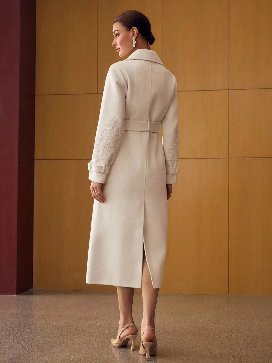 PREMIUM WOOL EMBROIDERY LAPEL COLLAR BUCKLE BELTED OVERCOAT