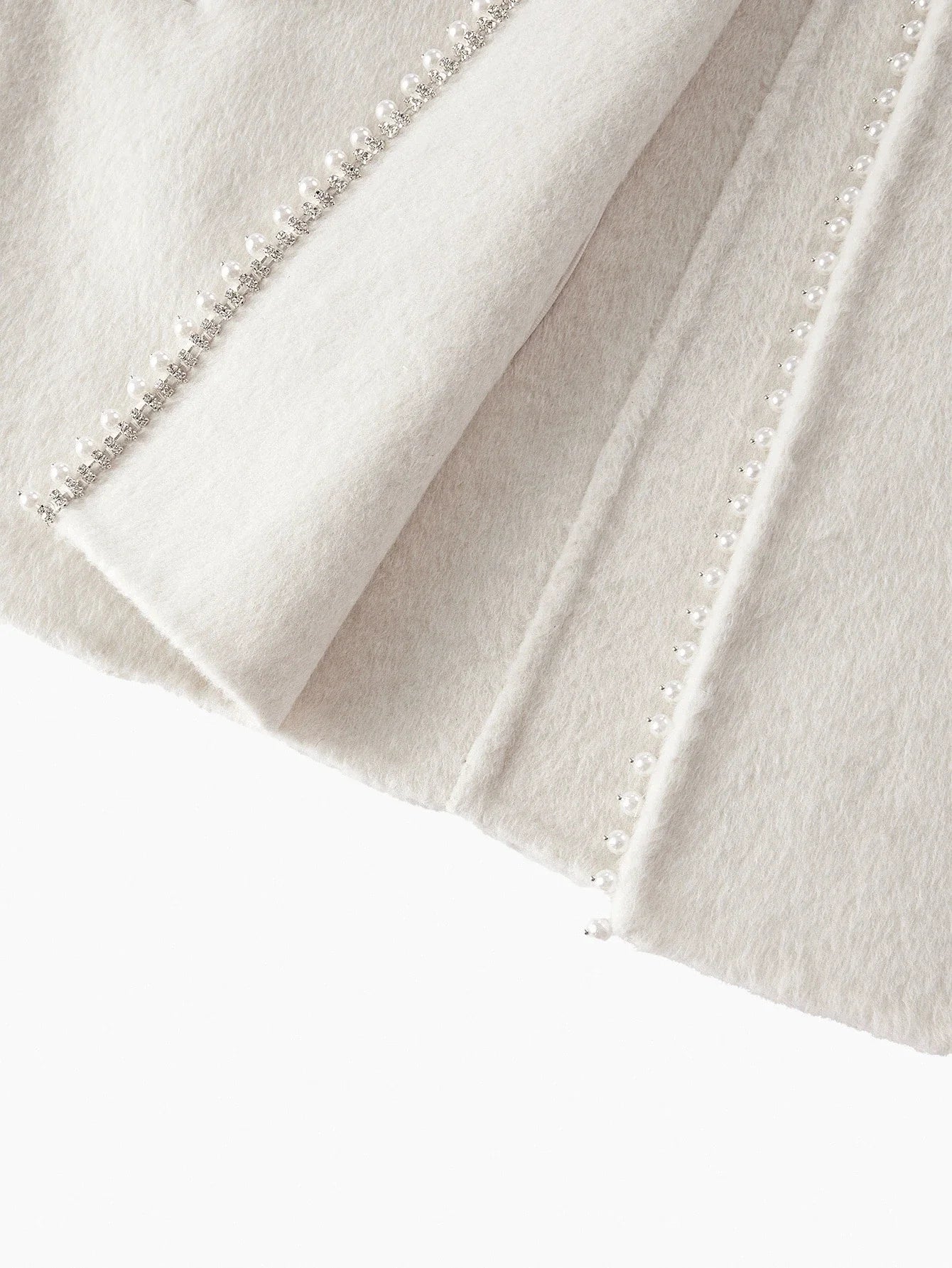 PREMIUM WOOL FAUX PEARL TRIM FUZZY PANEL BELTED OVERCOAT