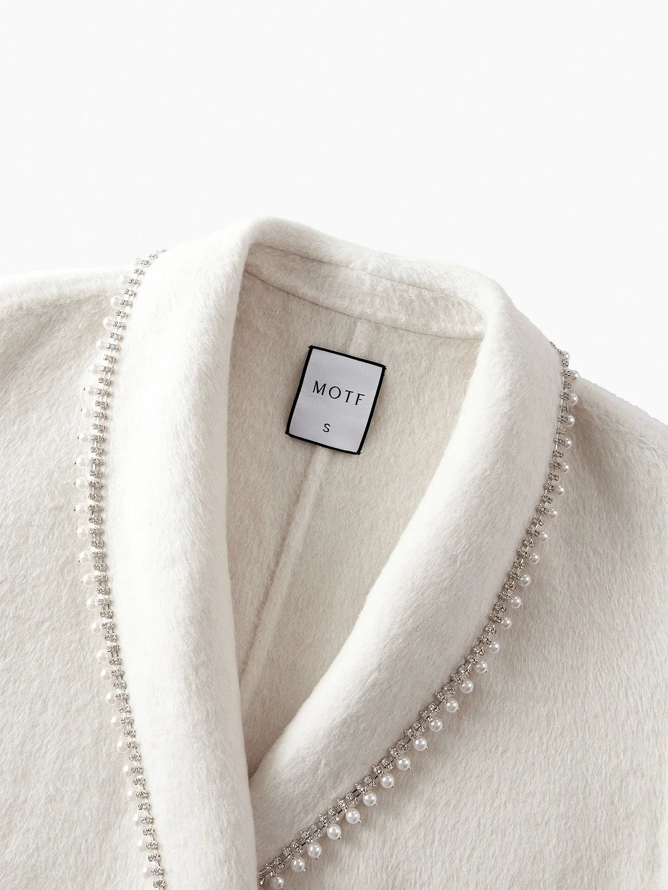 PREMIUM WOOL FAUX PEARL TRIM FUZZY PANEL BELTED OVERCOAT