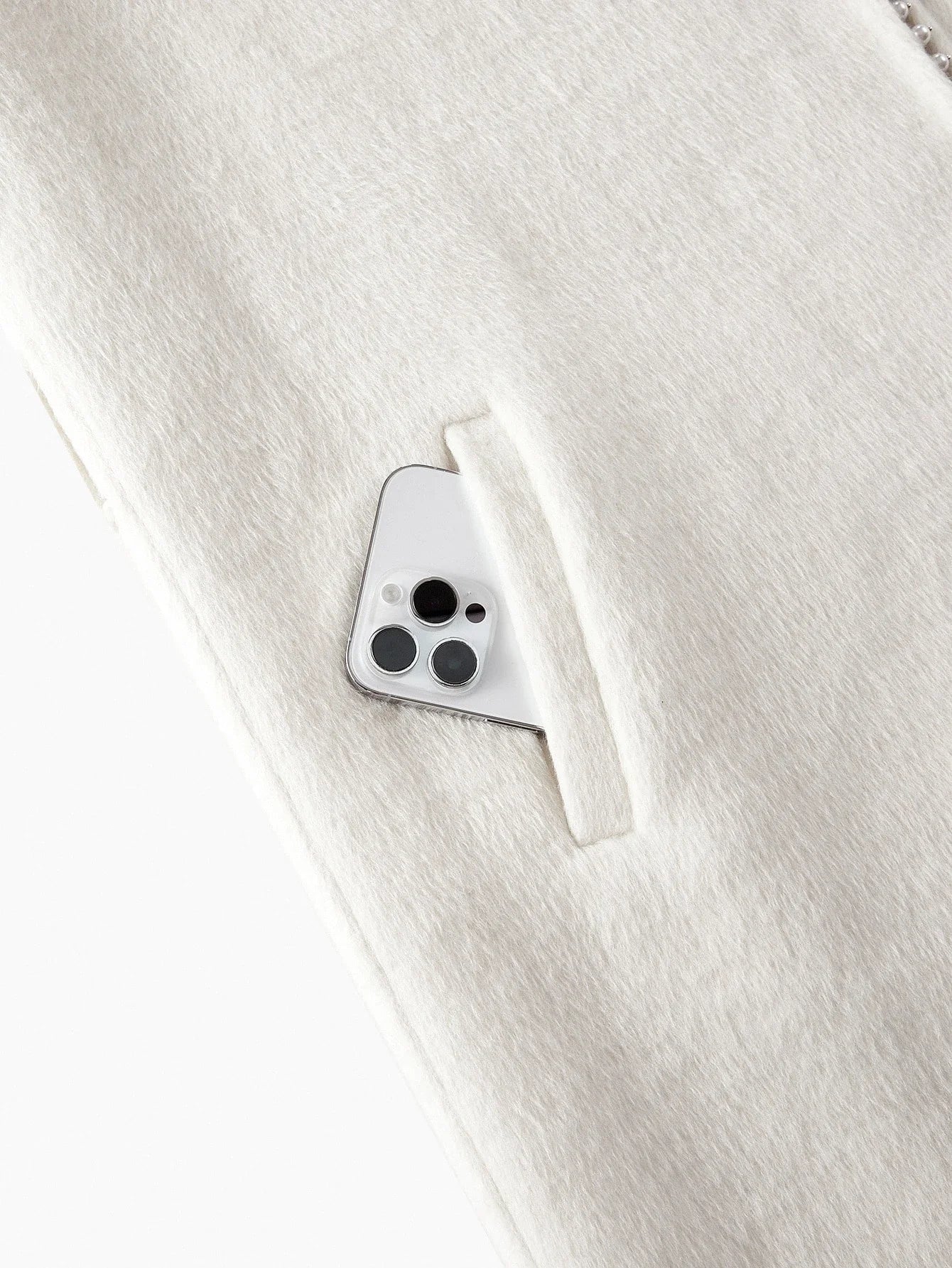 PREMIUM WOOL FAUX PEARL TRIM FUZZY PANEL BELTED OVERCOAT