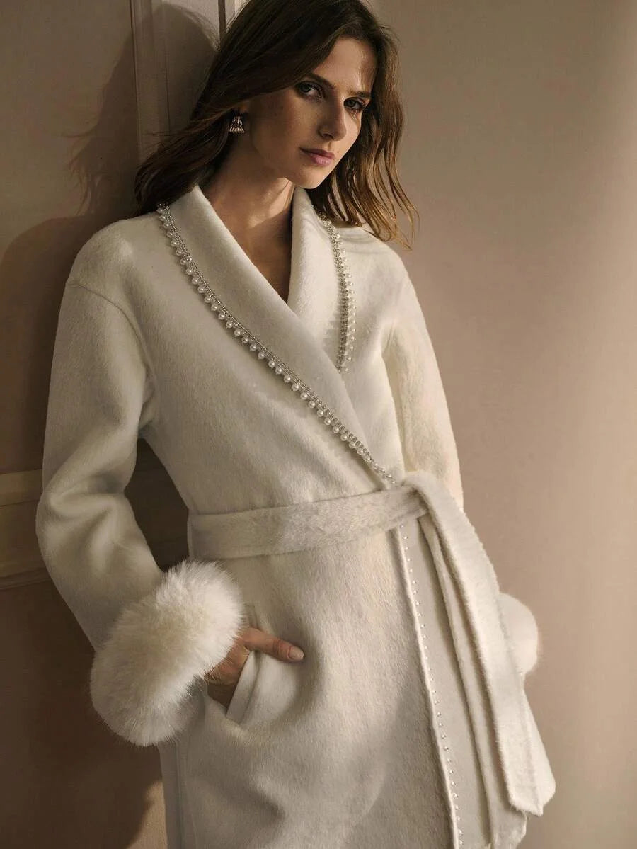 PREMIUM WOOL FAUX PEARL TRIM FUZZY PANEL BELTED OVERCOAT