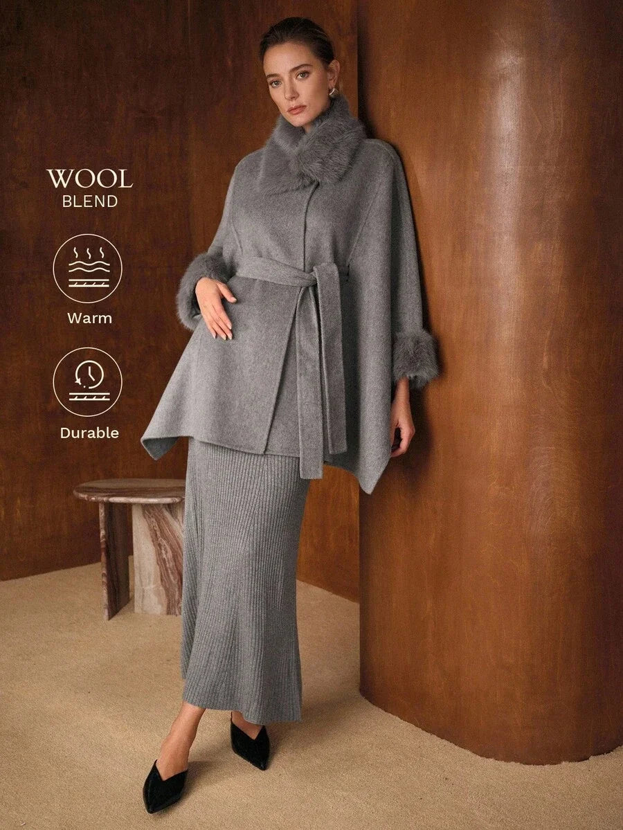 PREMIUM WOOL FUZZY PANEL BATWING SLEEVE BELTED CAPE OVERCOAT FALL WINTER