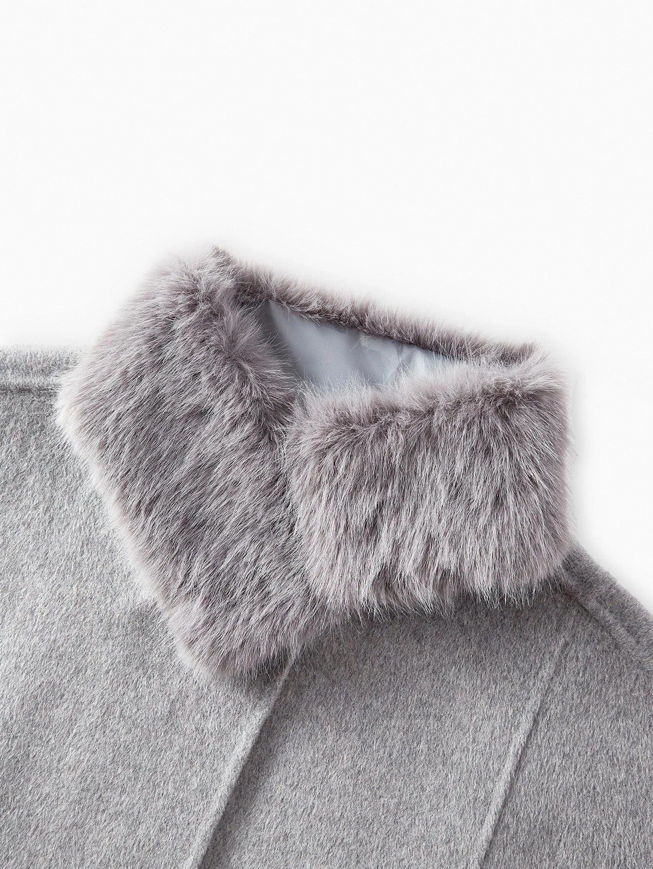 PREMIUM WOOL FUZZY PANEL BATWING SLEEVE BELTED CAPE OVERCOAT FALL WINTER