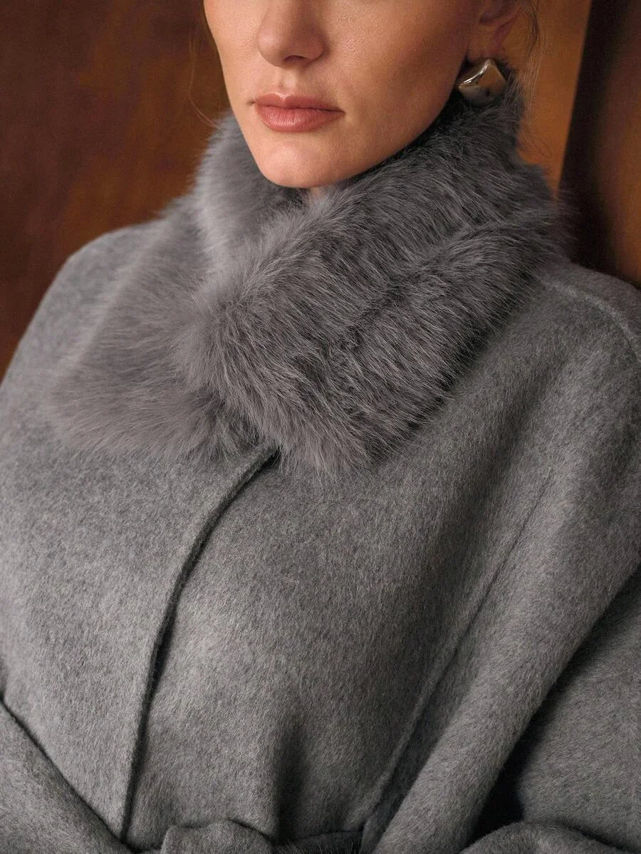 PREMIUM WOOL FUZZY PANEL BATWING SLEEVE BELTED CAPE OVERCOAT FALL WINTER