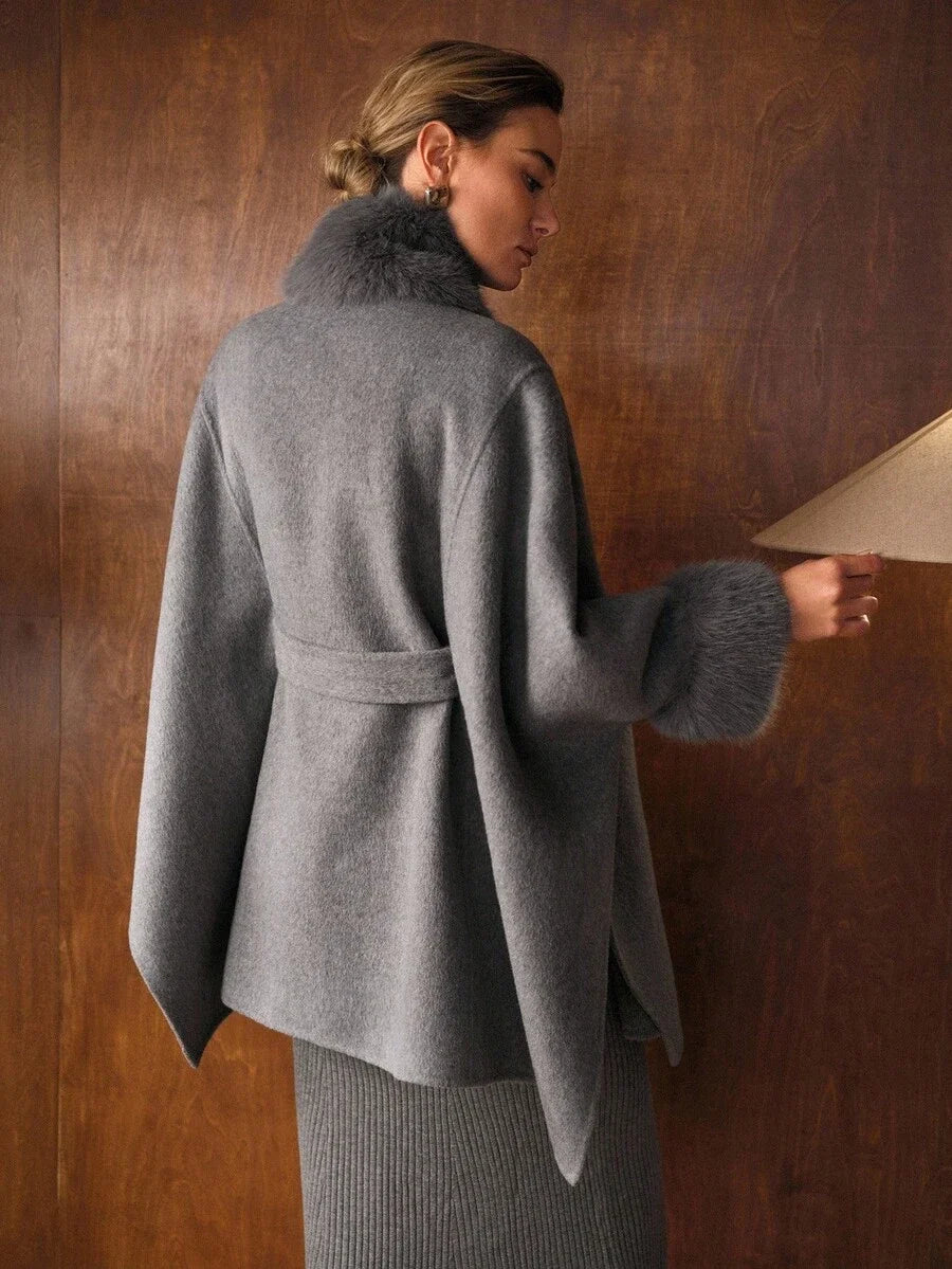 PREMIUM WOOL FUZZY PANEL BATWING SLEEVE BELTED CAPE OVERCOAT FALL WINTER