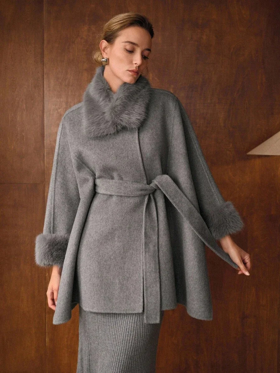 PREMIUM WOOL FUZZY PANEL BATWING SLEEVE BELTED CAPE OVERCOAT FALL WINTER