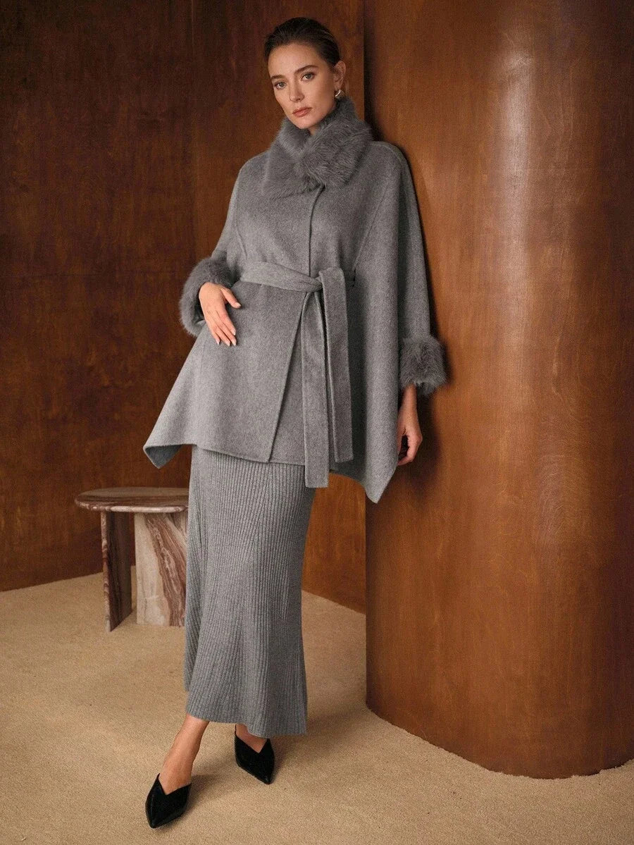 PREMIUM WOOL FUZZY PANEL BATWING SLEEVE BELTED CAPE OVERCOAT FALL WINTER