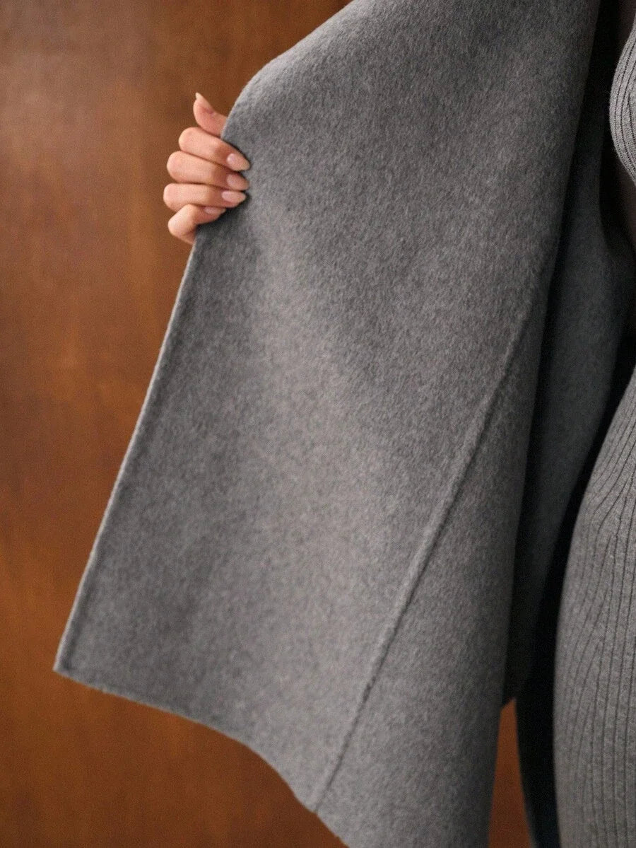 PREMIUM WOOL FUZZY PANEL BATWING SLEEVE BELTED CAPE OVERCOAT FALL WINTER