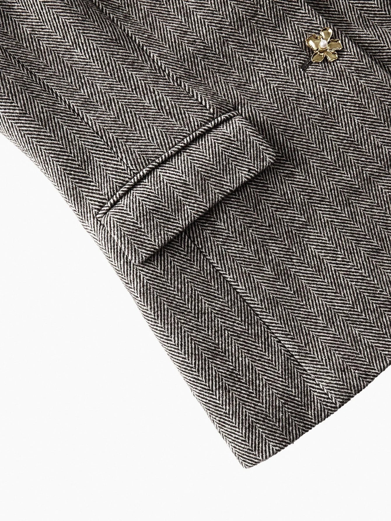 PREMIUM WOOL HERRINGBONE PATTERN LAPEL COLLAR METAL FLORAL PLACKET BLAZER