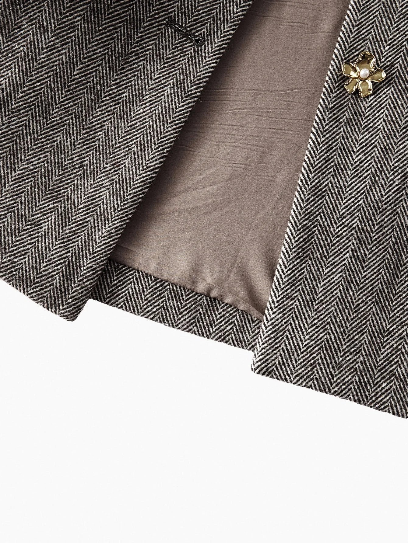 PREMIUM WOOL HERRINGBONE PATTERN LAPEL COLLAR METAL FLORAL PLACKET BLAZER