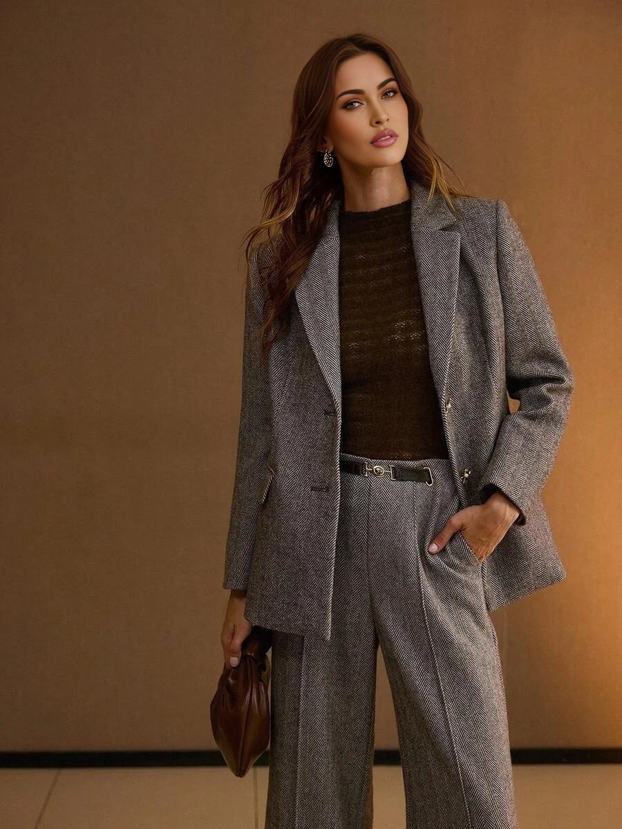 PREMIUM WOOL HERRINGBONE PATTERN LAPEL COLLAR METAL FLORAL PLACKET BLAZER