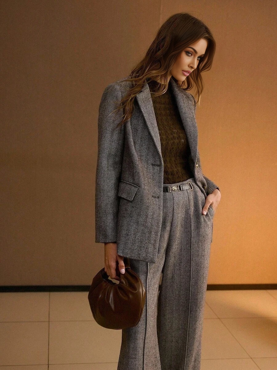 PREMIUM WOOL HERRINGBONE PATTERN LAPEL COLLAR METAL FLORAL PLACKET BLAZER