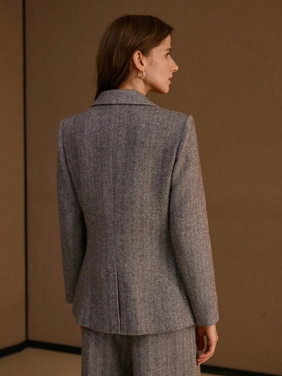 PREMIUM WOOL HERRINGBONE PATTERN LAPEL COLLAR METAL FLORAL PLACKET BLAZER