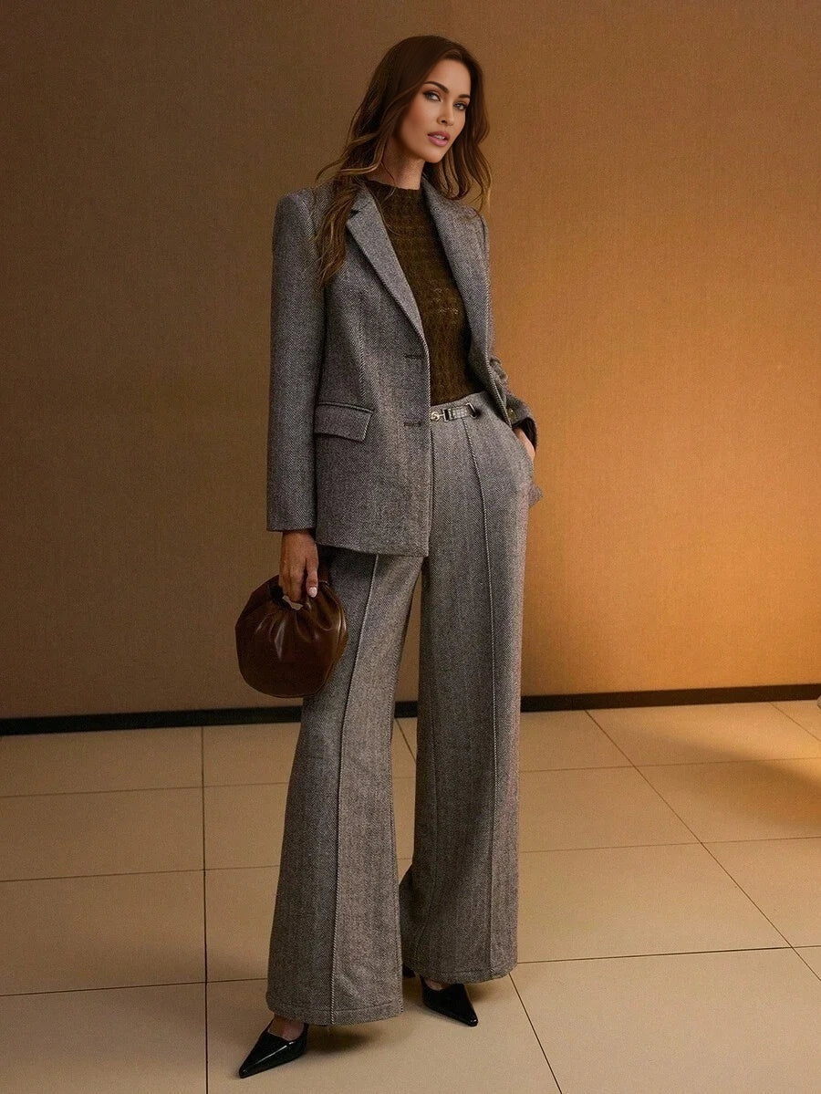 PREMIUM WOOL HERRINGBONE PATTERN LAPEL COLLAR METAL FLORAL PLACKET BLAZER