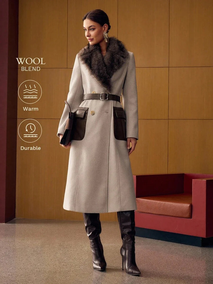 PREMIUM WOOL HERRINGBONE PRINT CONTRAST FUZZY COLLAR DOUBLE BREASTED PLACKET FLAP POCKET BELTED